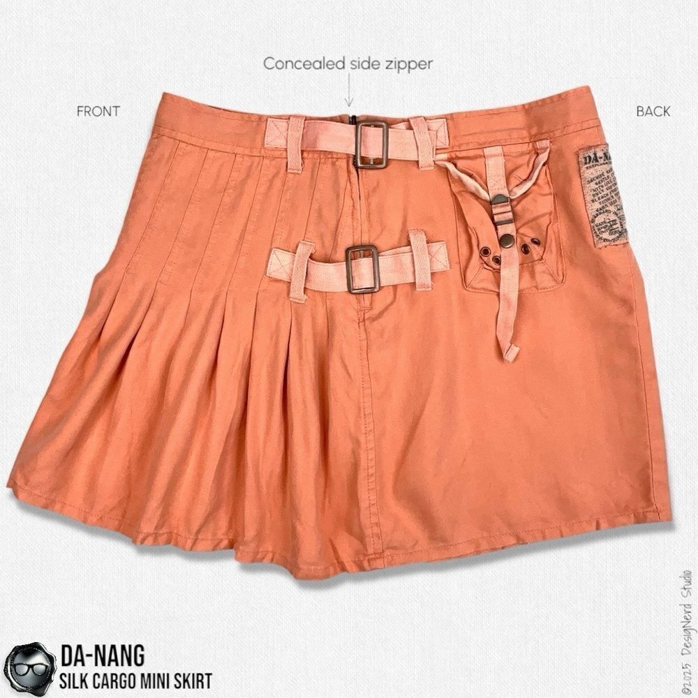 DA-NANG SURPLUS INDO-CHINE VINTAGE SILK PLEATED CARGO MINI SKIRT IN CORAL SMALL - Picture 2 of 13